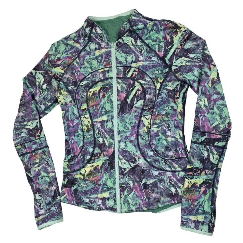Lululemon Reversible Full Zip Jacket Size 8 Purple Green Abstract Mesh Print